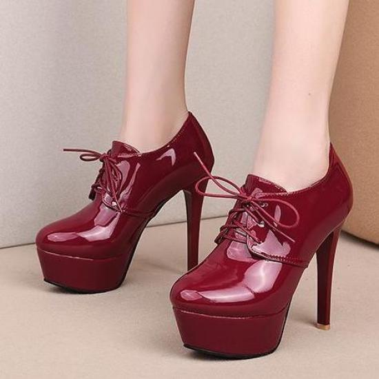 Burgundy Patent Glossy Lace Up Oxfords Platforms Stiletto Super High Heels Shoes Oxfords Zvoof