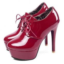 Burgundy Patent Glossy Lace Up Oxfords Platforms Stiletto Super High Heels Shoes