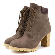 Grey Suede Lace Up Military Combat High Wooden Heels Boots Booties