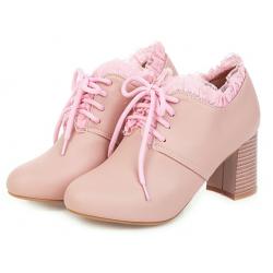 Pink Lace Ruffles Trim HIgh Heels Ankle Lolita Oxfords Shoes