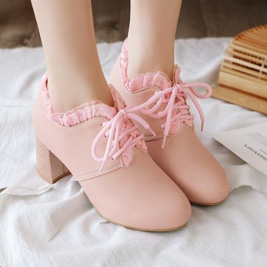 Pink Lace Ruffles Trim HIgh Heels Ankle Lolita Oxfords Shoes Oxfords Zvoof