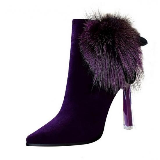 Purple Suede Fur Pom HIgh Stiletto Heels Ankle Boots Shoes ...