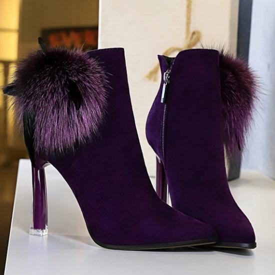 Purple Suede Fur Pom HIgh Stiletto Heels Ankle Boots Shoes High Heels Zvoof