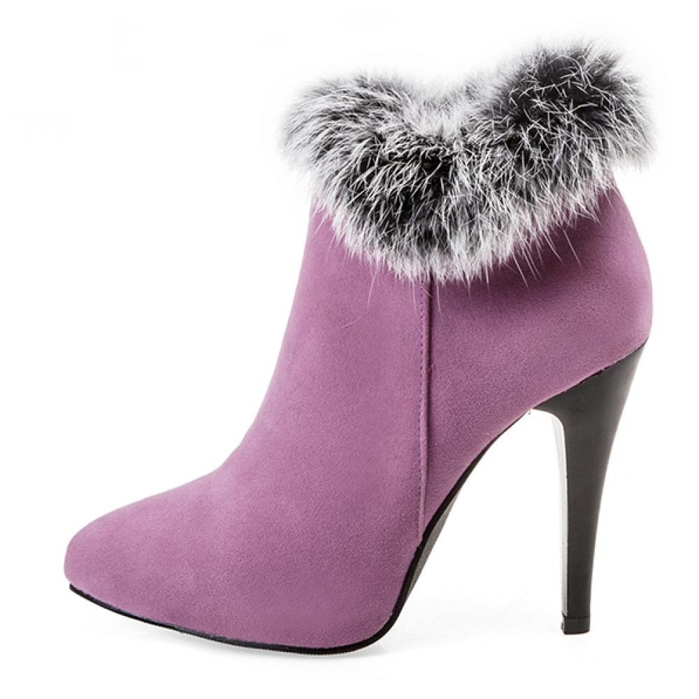 Purple Suede Rabbit Fur Ankle Trim High Stiletto Heels Boots ...