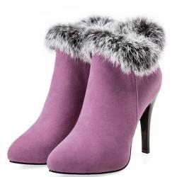 Purple Suede Rabbit Fur Ankle Trim High Stiletto Heels Boots Booties Shoes