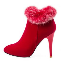 Red Suede Rabbit Fur Ankle Trim High Stiletto Heels Boots Booties Shoes