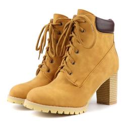 Yellow Suede Lace Up Military Combat High Wooden Heels Boots Booties