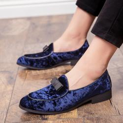 Blue Navy Velvet Bow Formal Prom Mens Loafers Party Dress Shoes