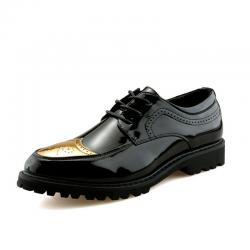 Black Patent Gold Wingtip Lace Up Cleated Sole Mens Oxfords Shoes