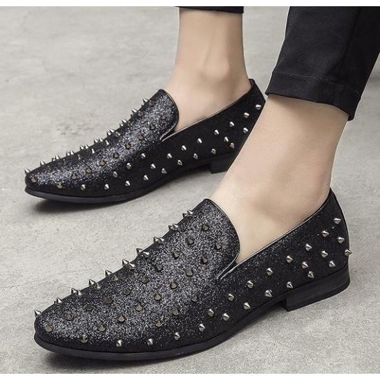 Black Glitters Spikes Rivets Studs Punk Rock Mens Loafers Prom Shoes Loafers Zvoof