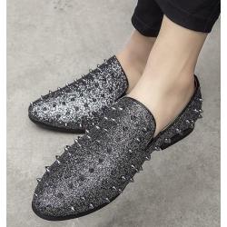 Grey Glitters Spikes Rivets Studs Punk Rock Mens Loafers Prom Shoes
