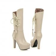 Beige Side Lace Up Platforms Block High Heels Womens Mid Length Boots Shoes