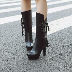 Black Side Lace Up Platforms Block High Heels Womens Mid Length Boots Shoes