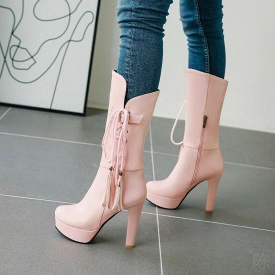 Pink Side Lace Up Platforms Block High Heels Womens Mid Length Boots Shoes High Heels Zvoof