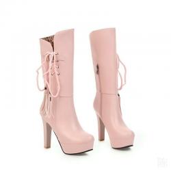 Pink Side Lace Up Platforms Block High Heels Womens Mid Length Boots Shoes