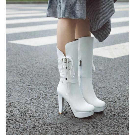 White Side Lace Up Platforms Block High Heels Womens Mid Length Boots Shoes High Heels Zvoof