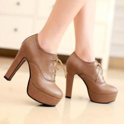 Brown Baroque Lace Up Platforms Block High Heels Womens Oxfords Shoes