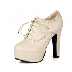Cream Baroque Lace Up Platforms Block High Heels Womens Oxfords Shoes