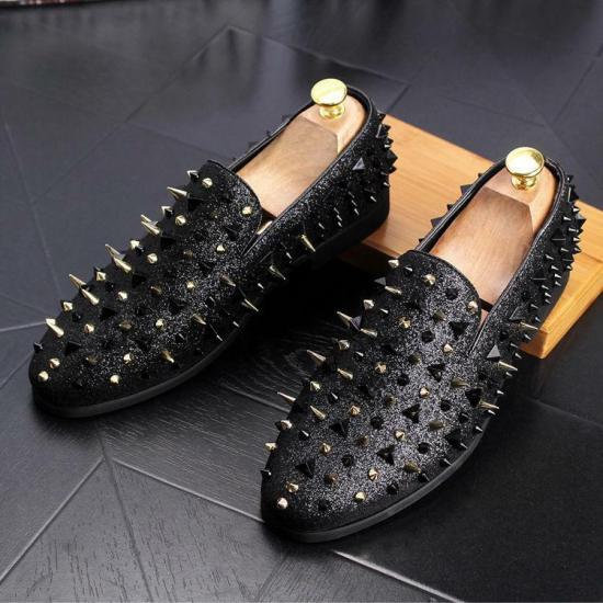 Black Gold Glitters Bling Spikes Studs Loafers Flats Mens Prom Shoes Loafers Zvoof