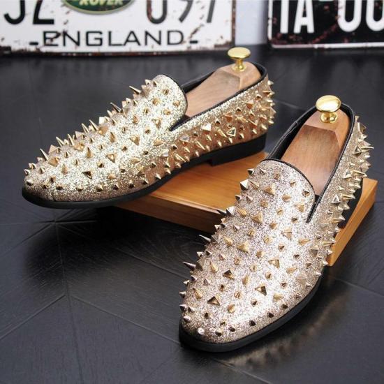 Gold Glitters Bling Spikes Studs Loafers Flats Mens Prom Shoes Loafers Zvoof