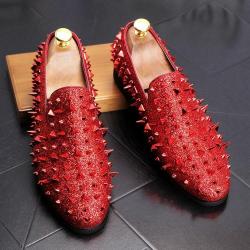 Red Glitters Bling Spikes Studs Loafers Flats Mens Prom Shoes