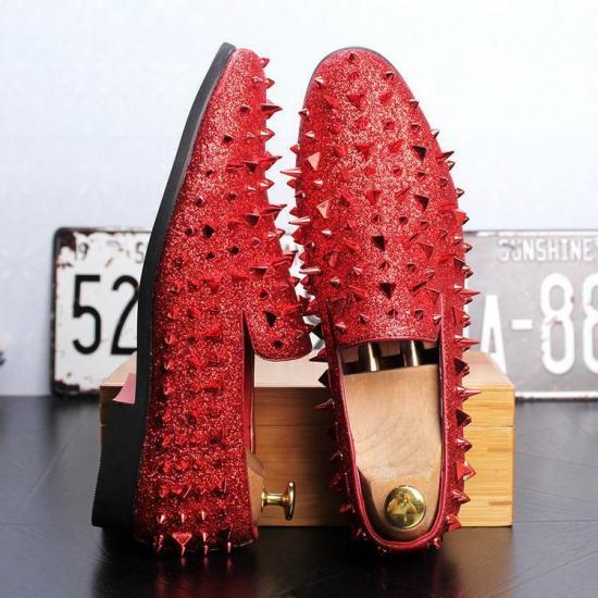 Red Glitters Bling Spikes Studs Loafers Flats Mens Prom Shoes Loafers Zvoof
