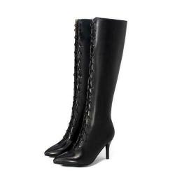 Black Lace Up Knee Long HIgh Stiletto Heels Boots Shoes