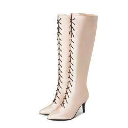Cream Lace Up Knee Long HIgh Stiletto Heels Boots Shoes