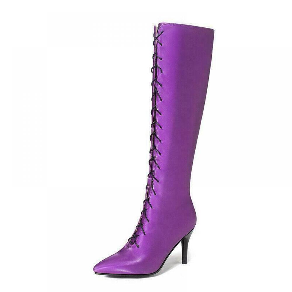 Purple Lace Up Knee Long High Stiletto Heels Boots Shoes 