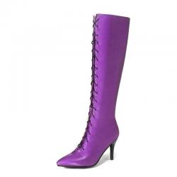 Purple Lace Up Knee Long HIgh Stiletto Heels Boots Shoes