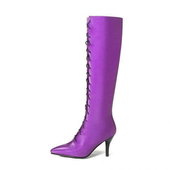 Purple Lace Up Knee Long HIgh Stiletto Heels Boots Shoes High Heels Zvoof