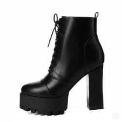 Black Cleated Sole Block HIgh Heels Combat Rider Boots Shoes