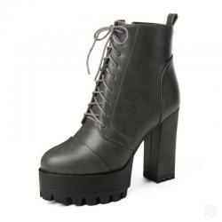 Grey Cleated Sole Block HIgh Heels Combat Rider Boots Shoes
