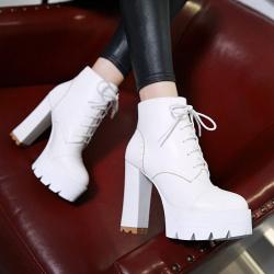 White Lace Up Platforms Block HIgh Heels Chunky Boots Shoes