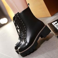 Black Cleated Sole Platforms Punk Rock Military Combat Womens Boots Shoes