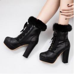 Black Lace Crochet Ankle Fur Trim Platforms Block HIgh Heels Lolita Boots Shoes