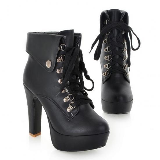 New Women's Ladies High Heels Chunky Platform Lace Up Ankle Shoes Boots Booties 