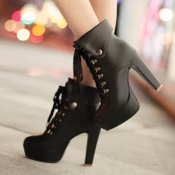 Black Lace Up Ankle Flaps Platforms Chunky Block High Heels Boots Shoes