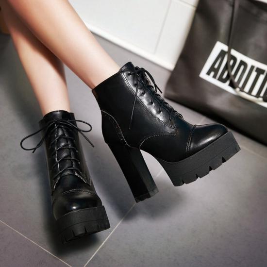 Black Lace Up Platforms Block HIgh Heels Chunky Boots Shoes High Heels Zvoof