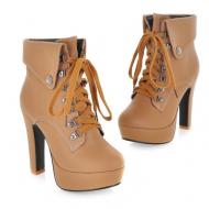 Brown Lace Up Ankle Flaps Platforms Chunky Block High Heels Boots Shoes