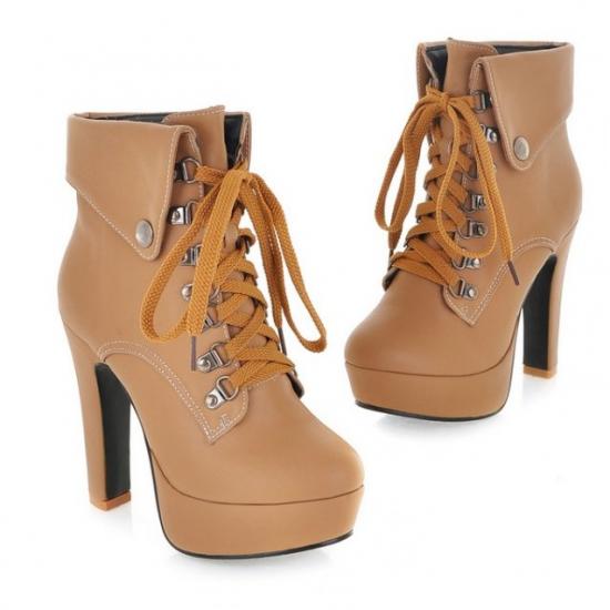 Womens round toe Faux Suede Lace Up Block High Heel Platform Lace Ankle Boots n
