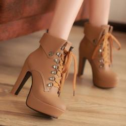 Brown Lace Up Ankle Flaps Platforms Chunky Block High Heels Boots Shoes