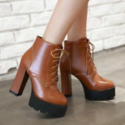 Brown Lace Up Platforms Block HIgh Heels Chunky Boots Shoes