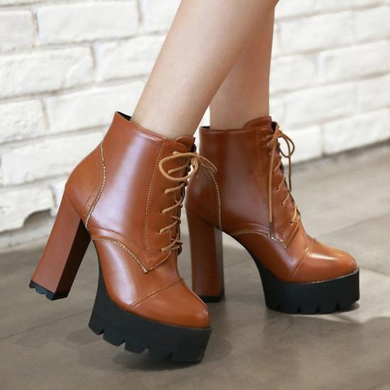 Brown Lace Up Platforms Block HIgh Heels Chunky Boots Shoes High Heels Zvoof