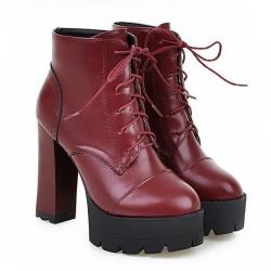 Burgundy Lace Up Platforms Block HIgh Heels Chunky Boots Shoes