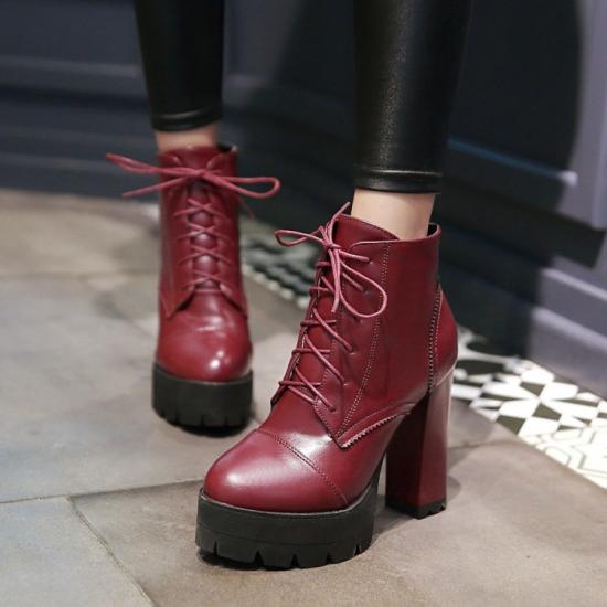 Burgundy Lace Up Platforms Block HIgh Heels Chunky Boots Shoes High Heels Zvoof