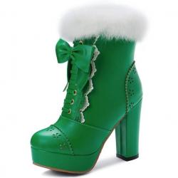 Green Lace Crochet Ankle Fur Trim Platforms Block HIgh Heels Lolita Boots Shoes