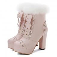Pink White Lace Crochet Ankle Fur Trim Platforms Block HIgh Heels Lolita Boots Shoes