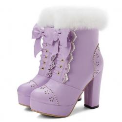 Purple White Lace Crochet Ankle Fur Trim Platforms Block HIgh Heels Lolita Boots Shoes