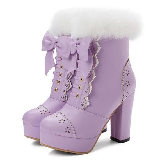 Purple White Lace Crochet Ankle Fur Trim Platforms Block HIgh Heels Lolita Boots Shoes High Heels Zvoof